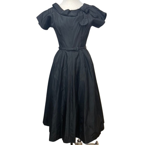 Vintage RAPPI 50s Black Taffeta Belted Cocktail Dress Womens‎ (M) Gown Goth Midi - Picture 1 of 10